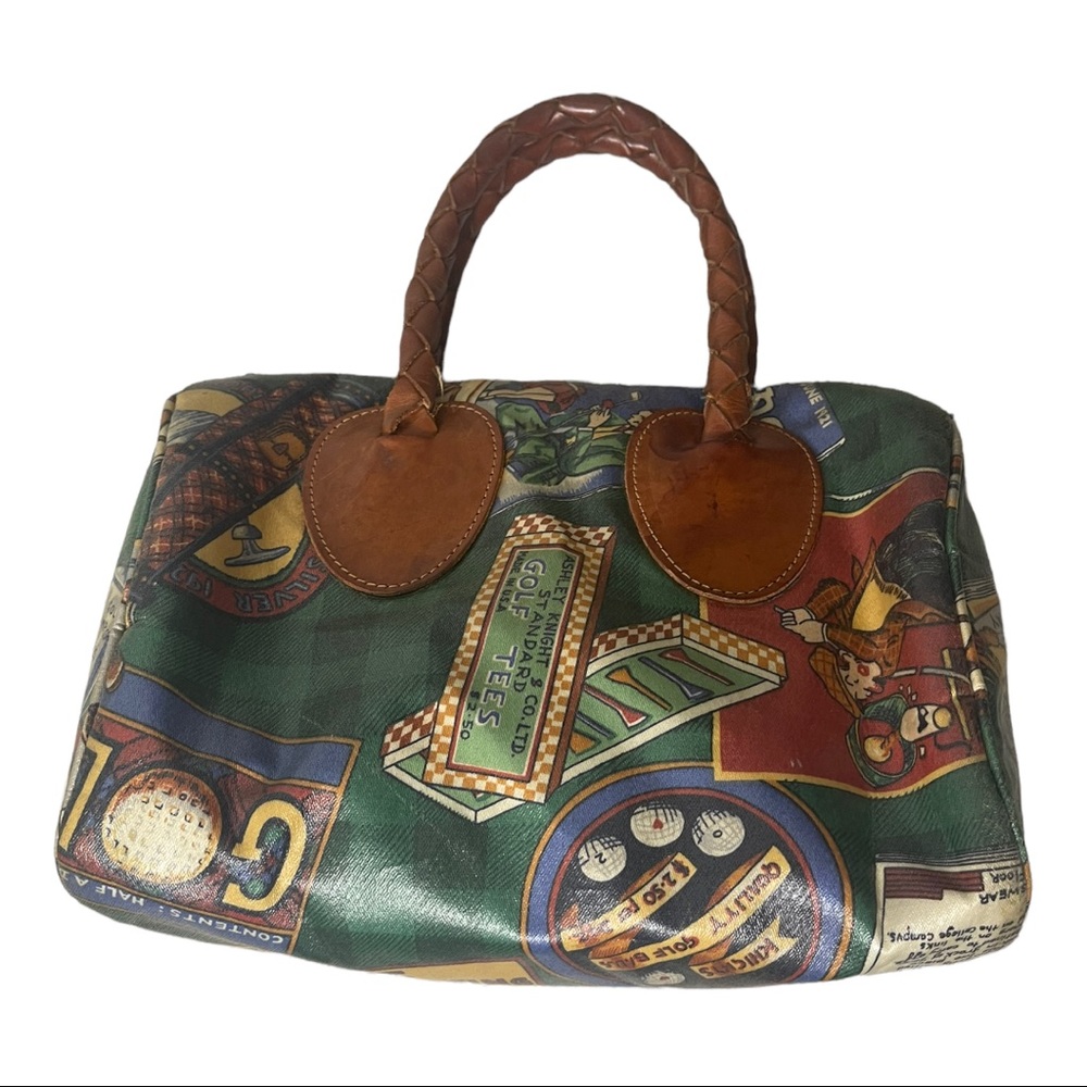 Vtg Nordic House Design Novelty Golf Theme Braided Leather Handles Trim SATCHEL